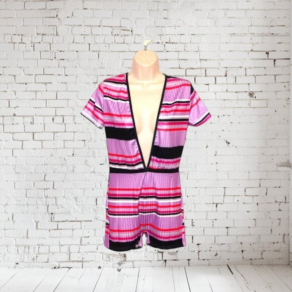 NWOT Plunge Cut Striped Onesie Romper Pink Purple Black - Picture 3 of 5
